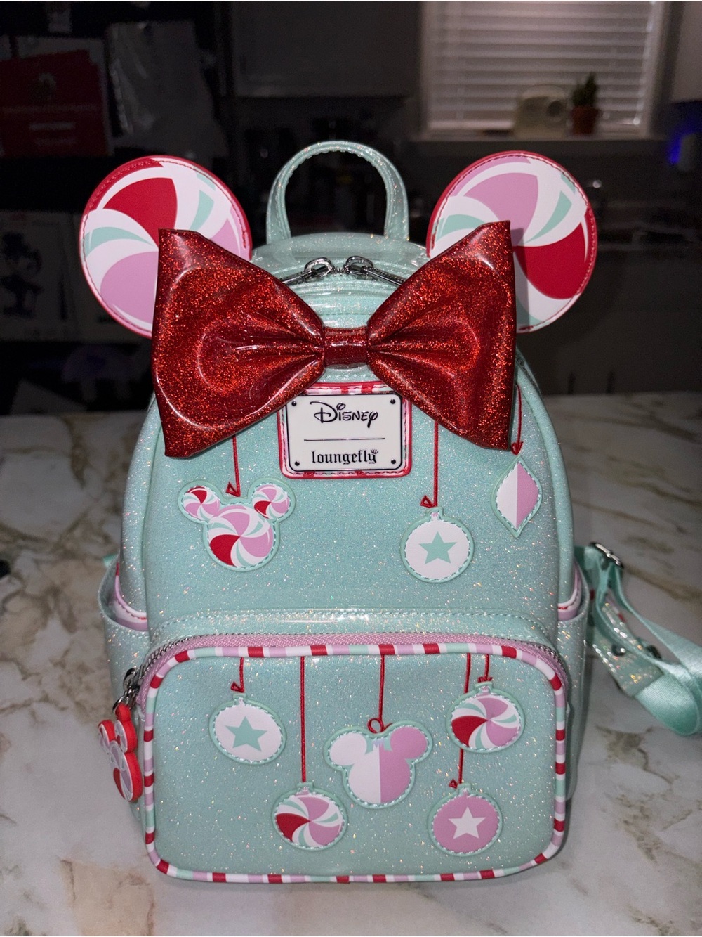 Disney Loungefly Mint Candy Mouse Ear Mini Backpack with Red Bow